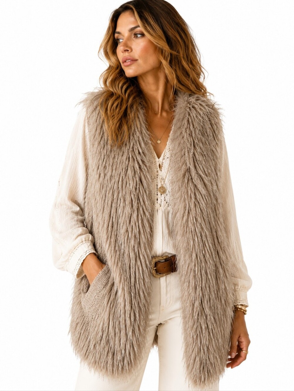 Sebby Collection Faux Fur Knit Vest Taupe Open Front Cozy Luxe Boho XXL